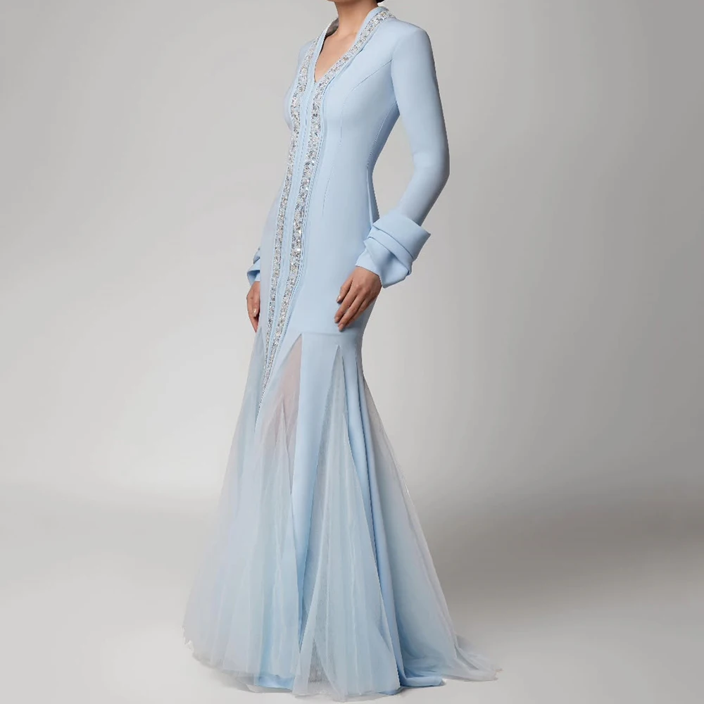 Personalizado a linha vestidos de noite até o chão com decote em v manga cheia vestido de baile moda lantejoulas miçangas simples drapeado vestido de festa