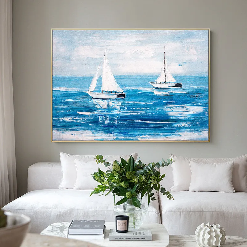 

White Sailing Boat and Blue Sea Print Art Canvas Poster For Living Room Decoration Home Wall Picture