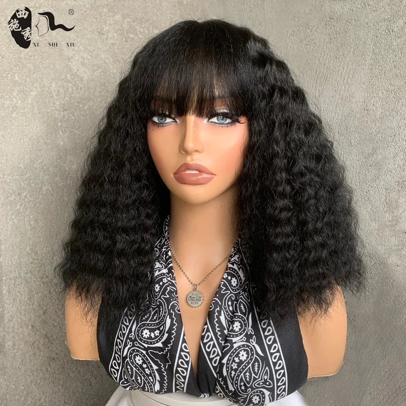 

12inch Short Kinky Curly Bob Hair Synthetic Wigs With Bangs Heat Resistant Middle Part Water Wavy American Topper Daily Use Wigs