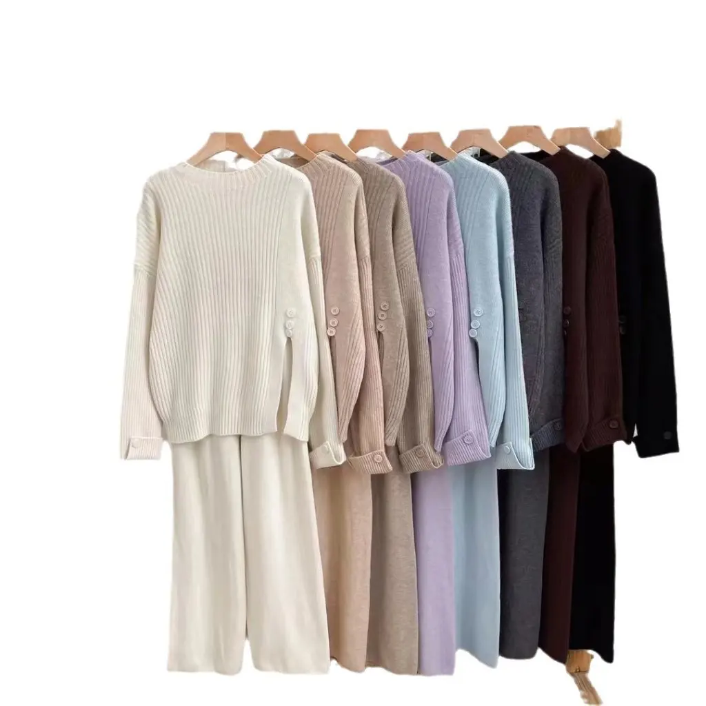 

Women's Autumn Winter Knitted Two-Piece Set Solid Color round Neck Split Design Lazy Style Pants Suit
