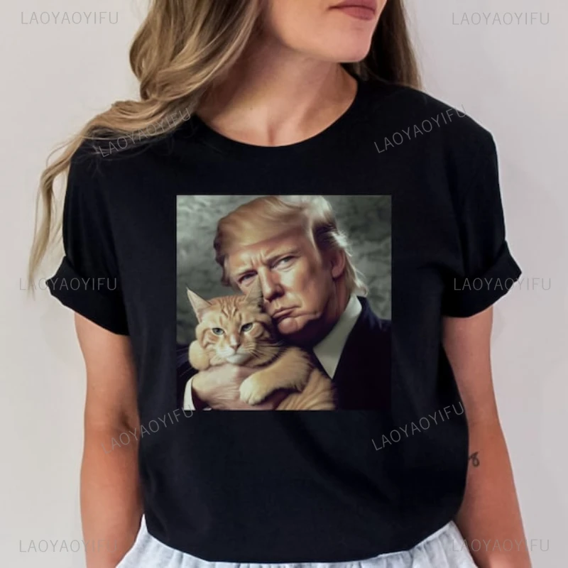 Trump and Cat Woman Cotton T-Shirt Funny Trump Graphic T Shirts Wanted Trump for President 2024 Man TShirt Ropa Hombre Tops