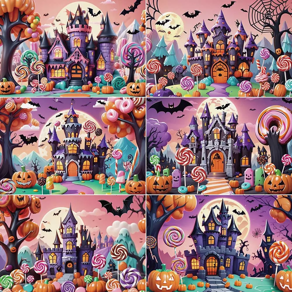 

MOON.QG Halloween House Decoration Background Photography Studio Baby Party Prop Backdrop Child Pumpkin Candy Castle Back Drop