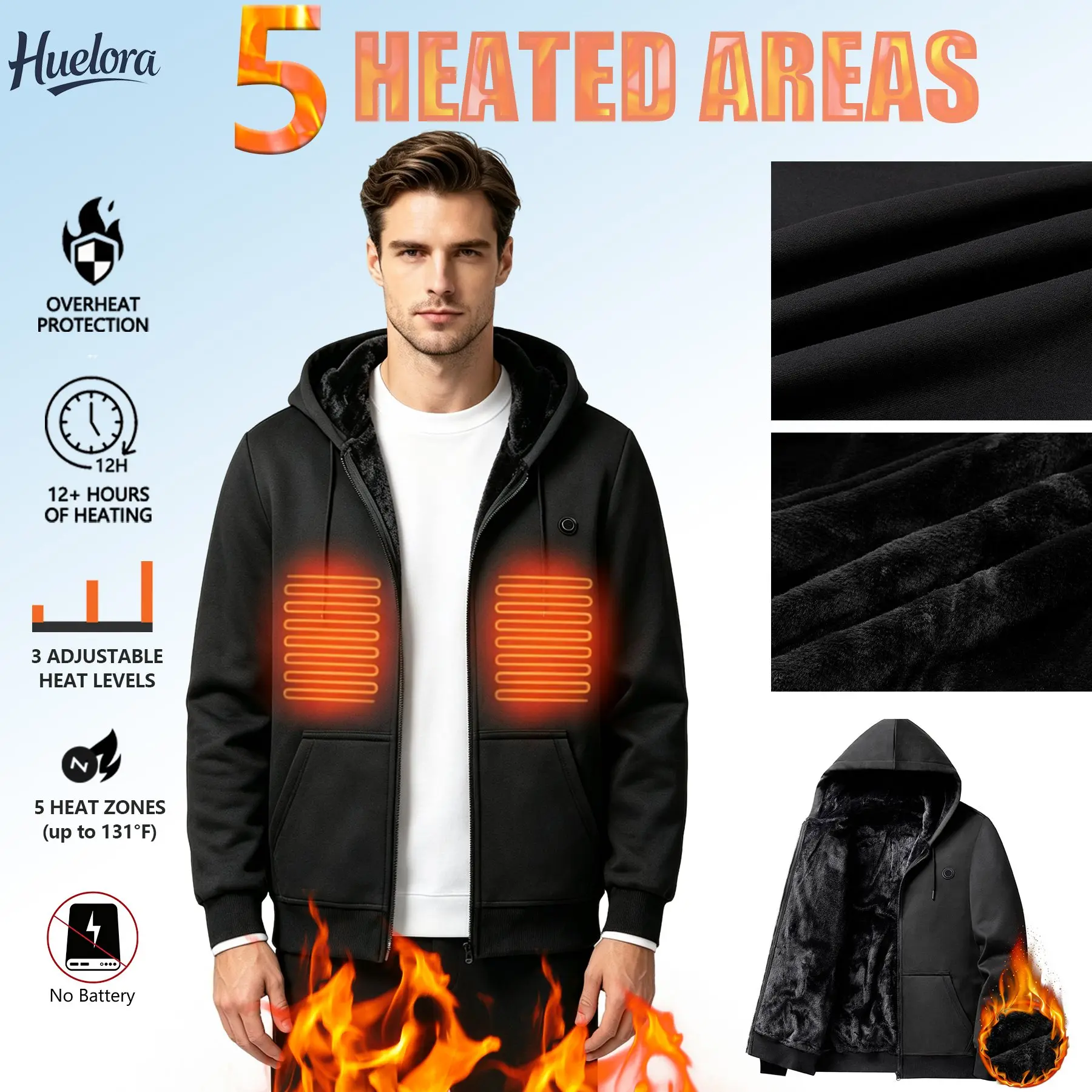 5 Zones Heated Hoodie 3 Gear Heat Control Fleece Lined USB Electric Warm Zip Jacket Unisex Machine Washable Winter Heating Coat