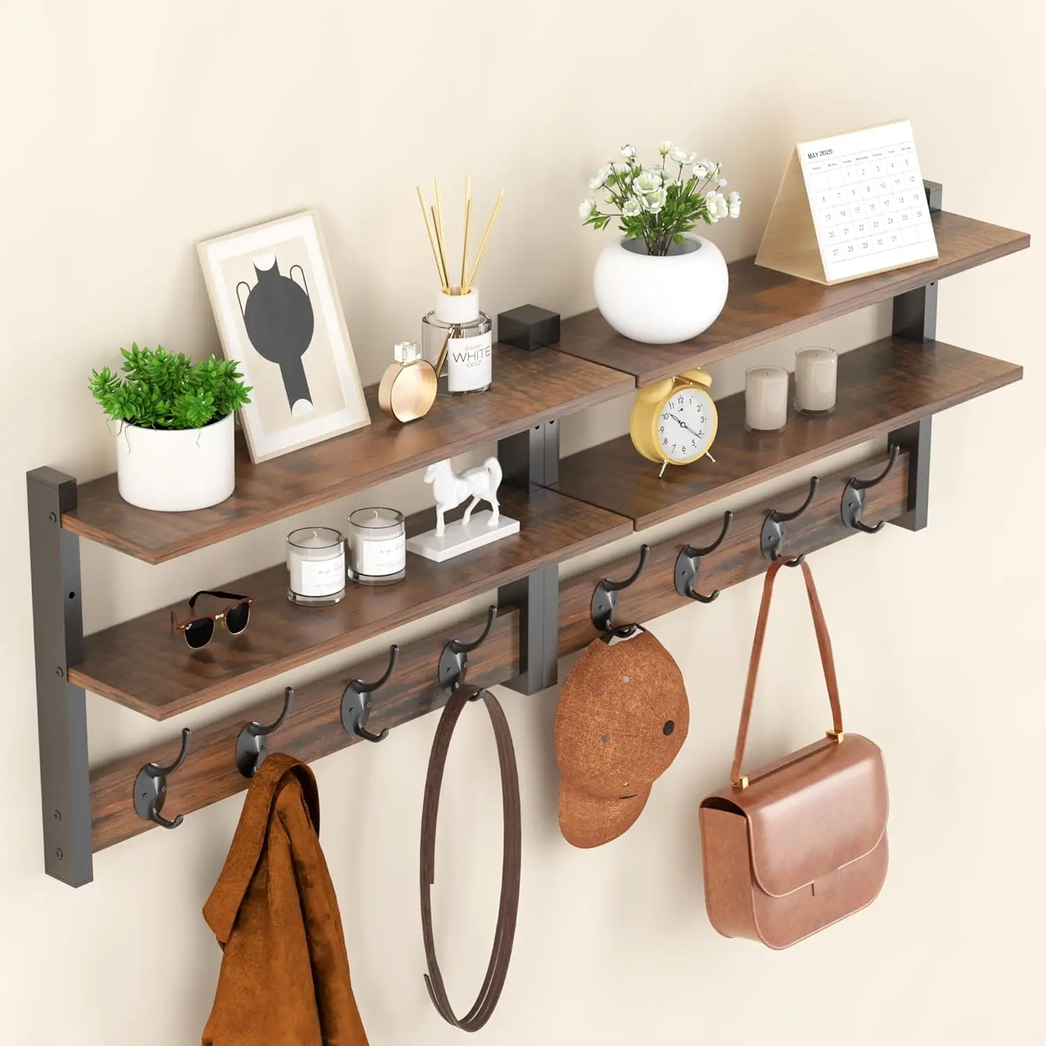 

2-Tier Wall Coat Rack with Shelf, 33" Entryway Key Holder, 8 Heavy Duty Hooks for Bedroom and Living Room in Rustic Brown