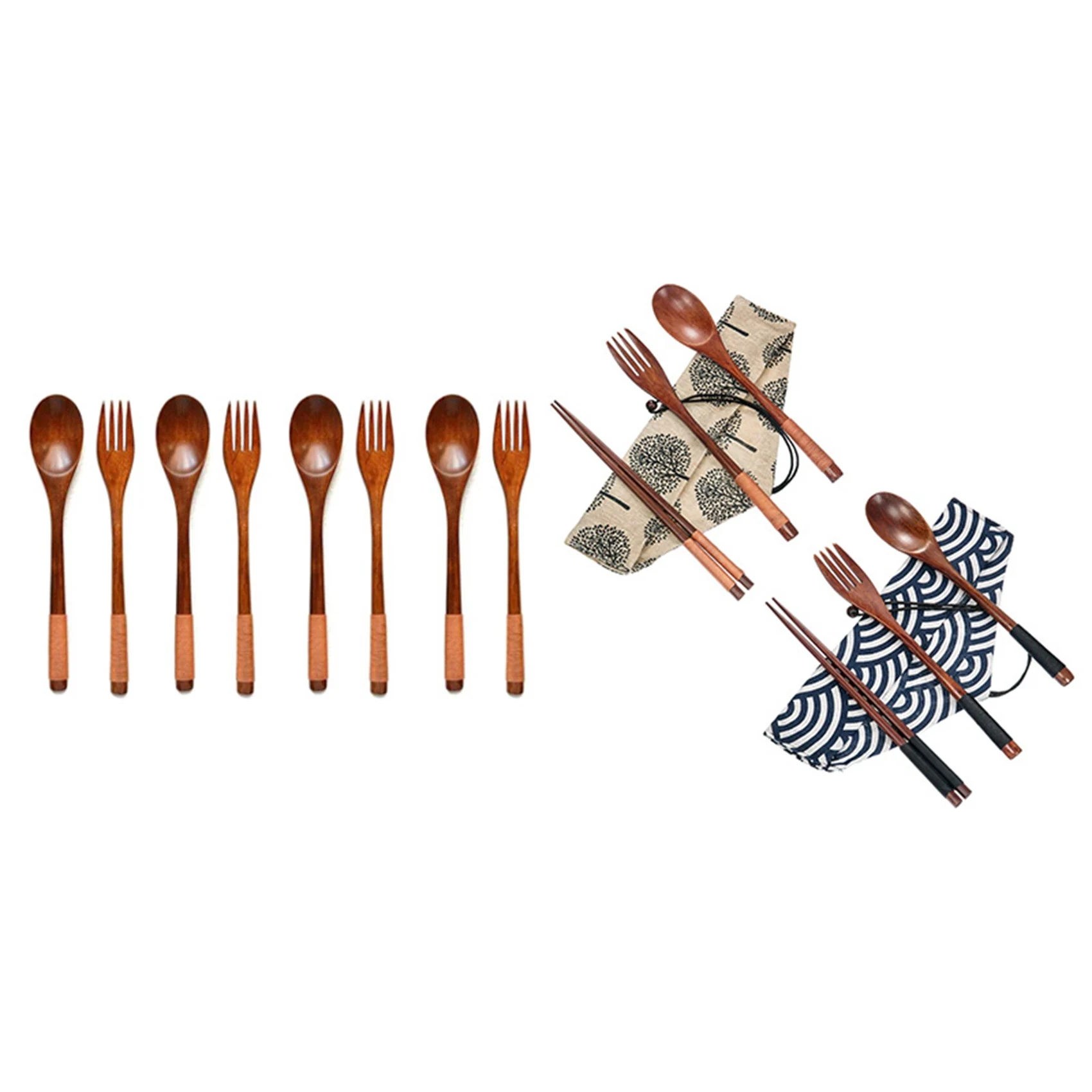 

8 Pcs 9 Inchjapanese Spoon Fork Set & 2 Set Wooden Flatware Tableware Cutlery Set, Wooden Fork Spoon Chopsticks-A83Z