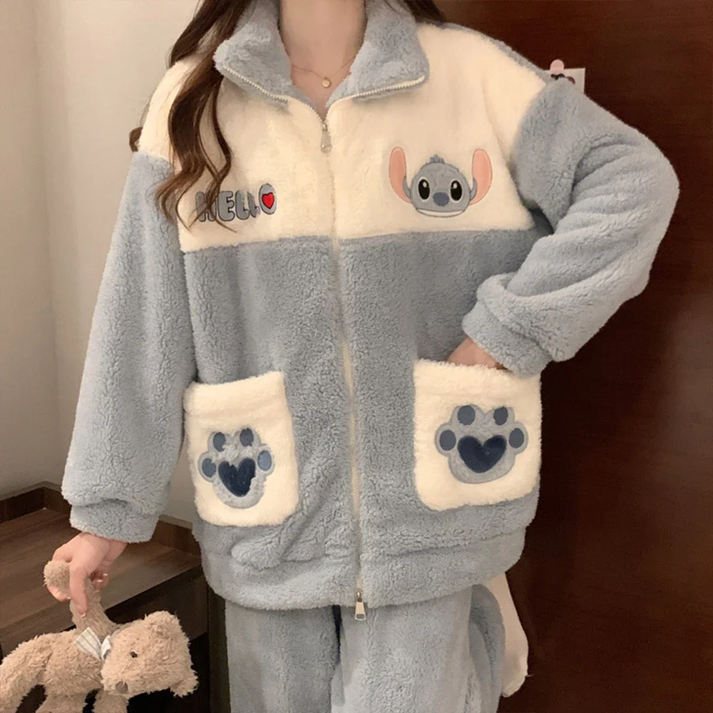 Sanrioed Cute Pochacco Winter Plush Pajamas Suit Anime Kawaii Cartoon Zipper Homewear Women Flannel Warm Plus Size Nightwear