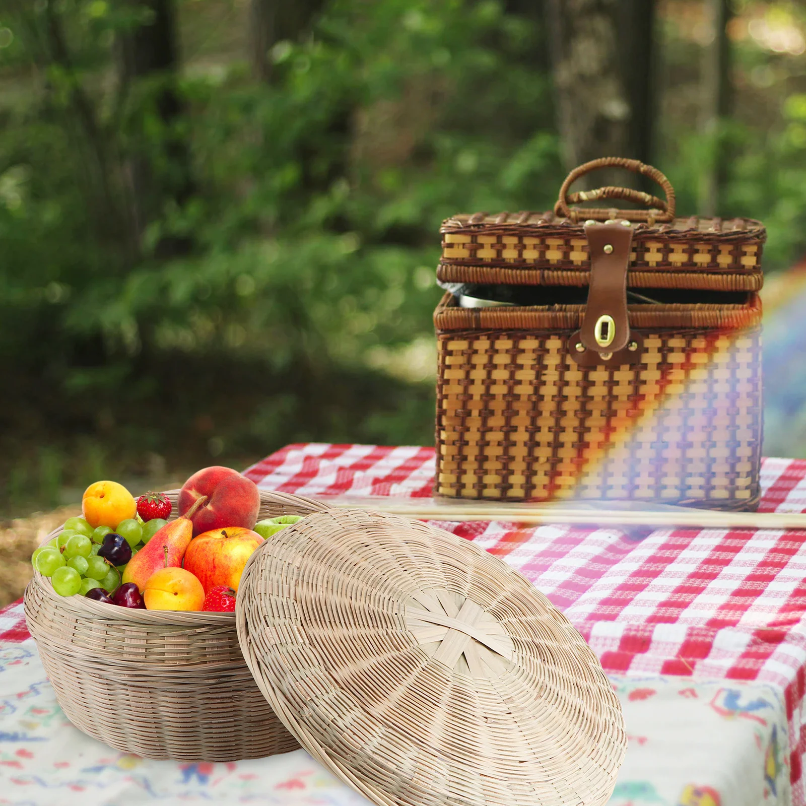 

1Pcs Bamboo Woven Basket Handmade Food Storage Box with Lid Fruit Cake Bread Organizer Container Eco Friendly