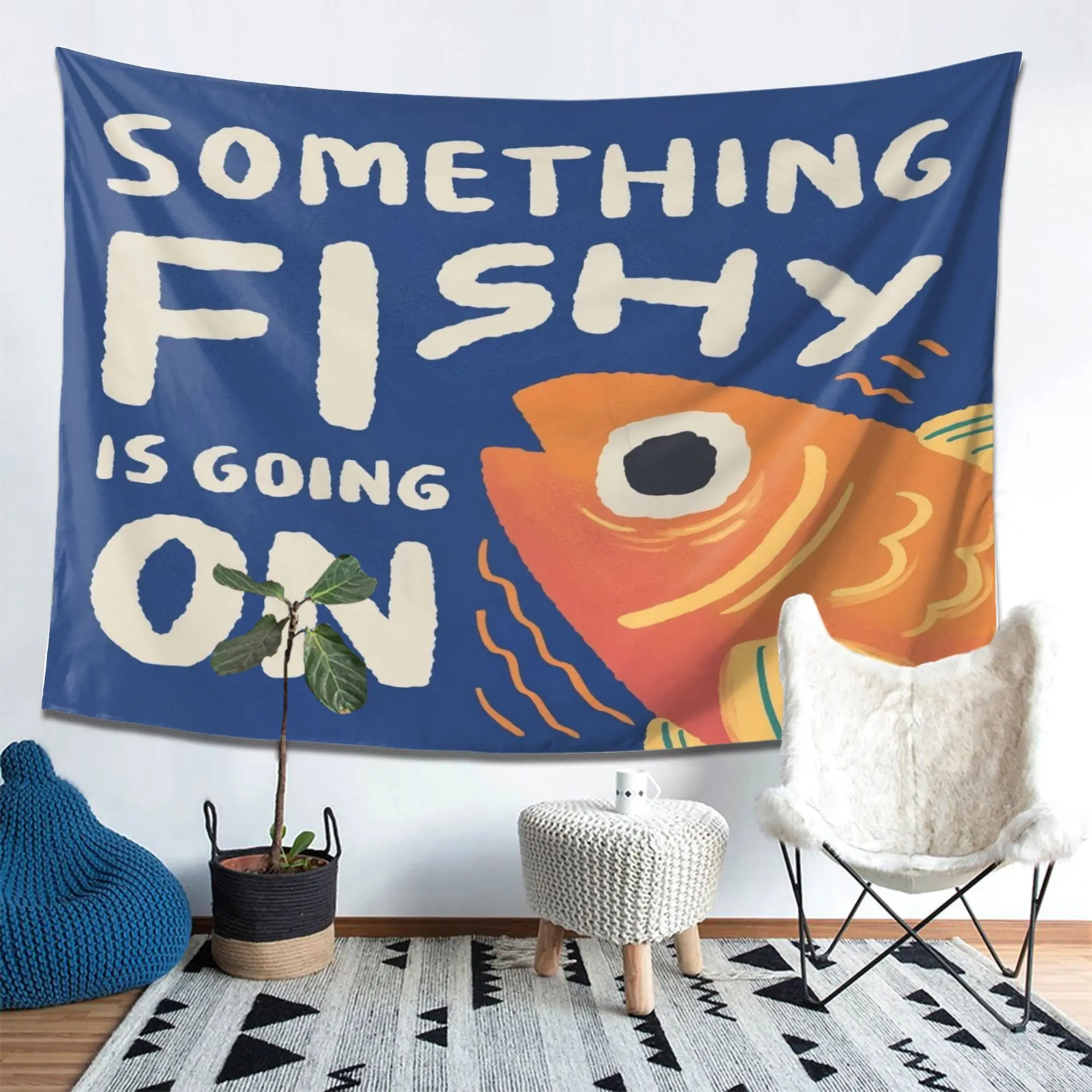 American Retro Hand-painted Small Fish Tapestry Fun English Slogan Illustration Hanging Cloth Creative Room Renovation Tapestry