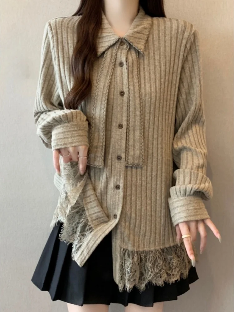 

Winter Lace Splice Long Sve Knitted Open Cardigan irt Women Slim Fit Large Collar Sweater Top Trendy Korean Sle Commute