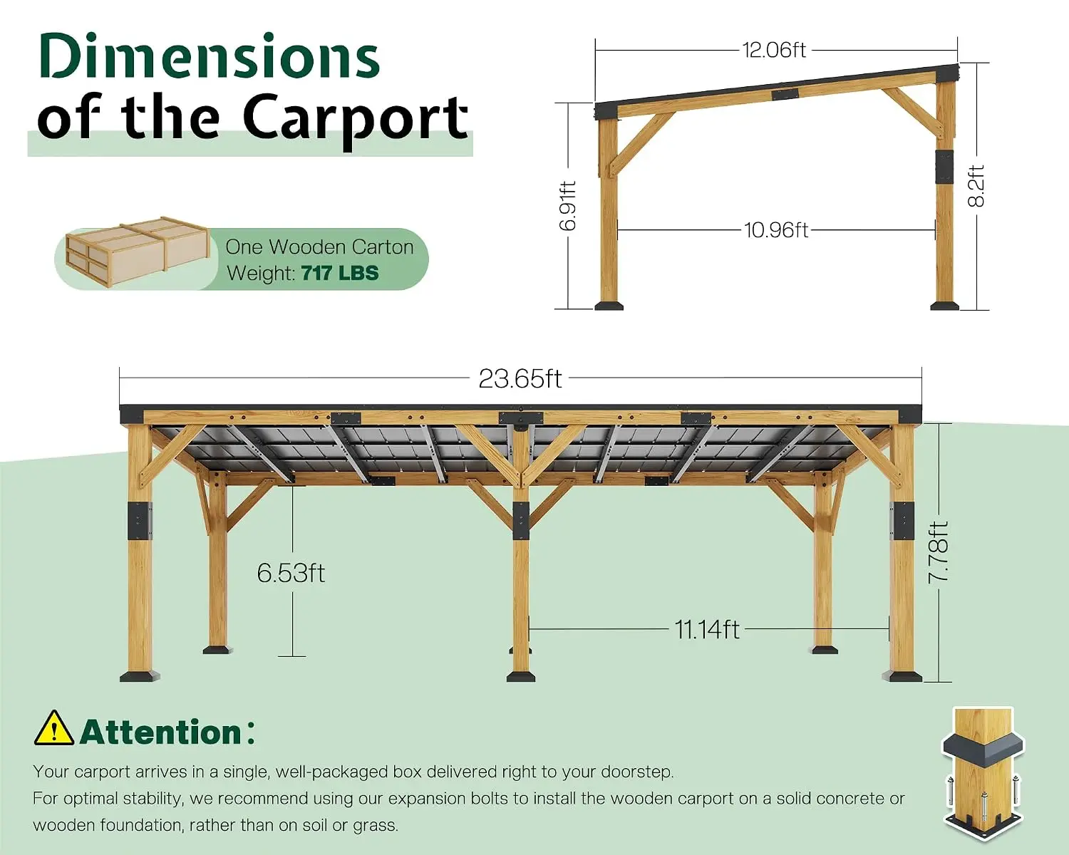 Heavy Duty Cedar Wood Carport 2-Car 12x24x8.2 FT Outdoor Vehicle Shelter, Customized