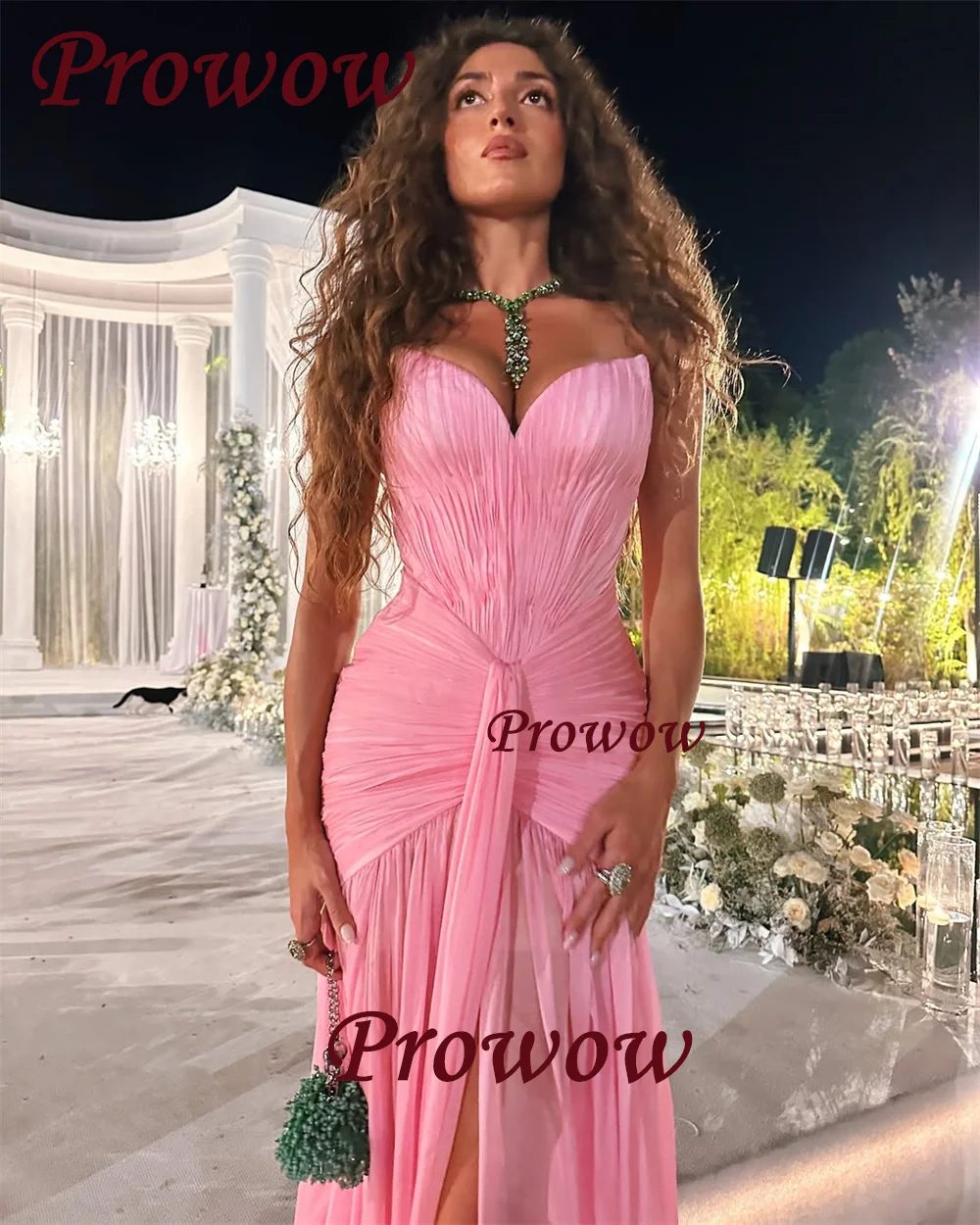 Prowow Modern Pink Mermaid Prom Dress Pleat Chiffon Side Slit Evening Gown Floor-Length Women Customized فستان بيكو
