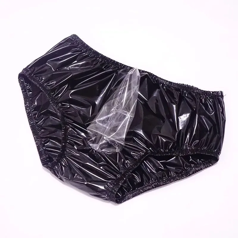 남자 섹시한 EPU 초박형 부드러운 플라스틱 투명 JJ 외장 안전 팬티 블랙 광택 방수 ABDL 성인 아기 팬티