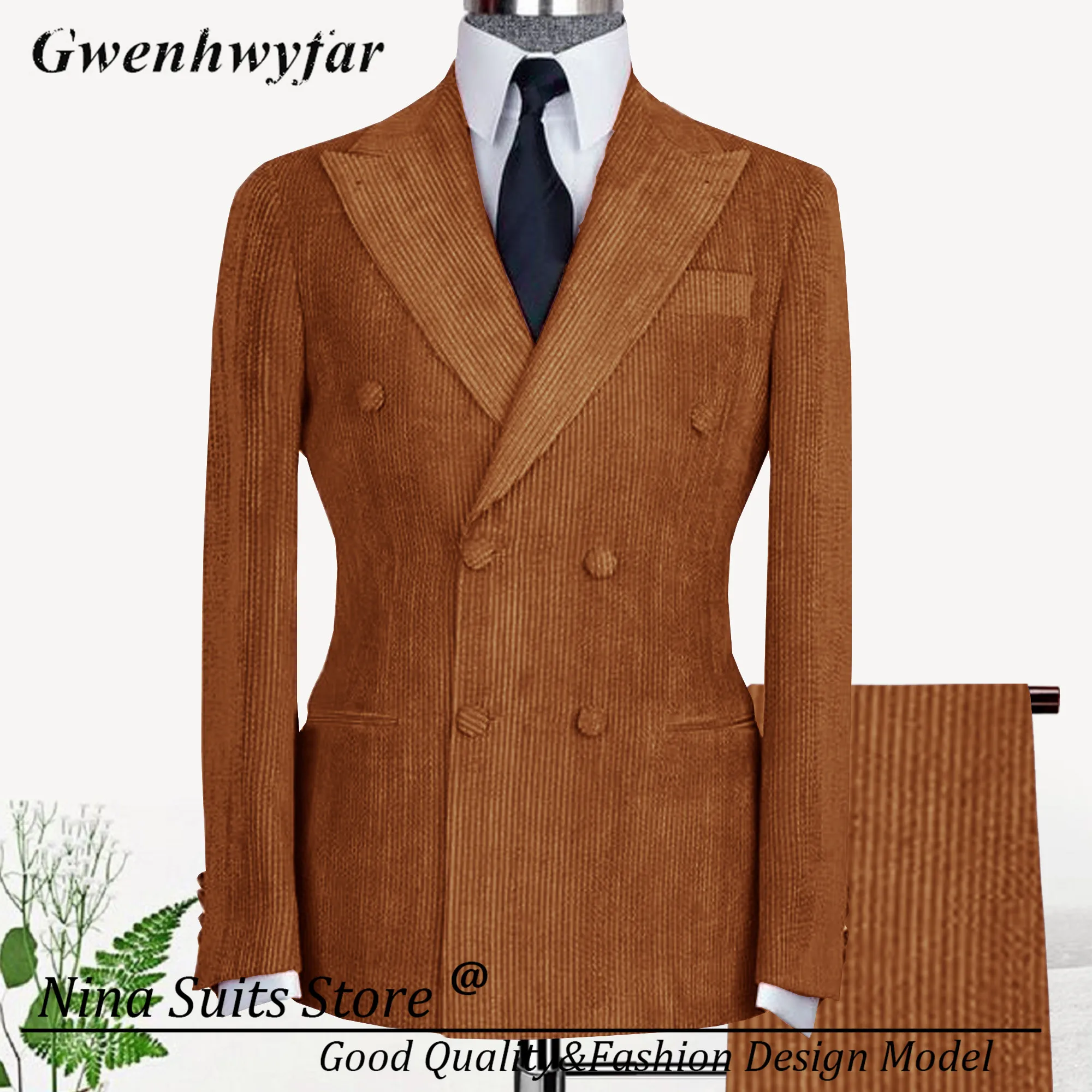 

G&N Men Suits Ribbed Velvet Auburn Color 2026 New Double Breasted Peak Lapel Blazer Pants Custom Made Men Wedding Costume Homme