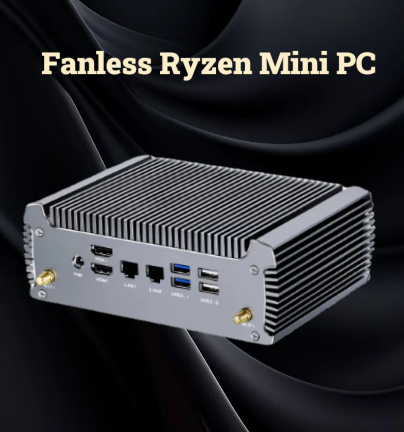 Industrieller lüfterloser Mini-PC AMD Ryzen 7 7730U 8 Kerne 16 Threads Barebone PC 2 LANs Router Gaming-Computer Windows 11 2x4K WiFi6