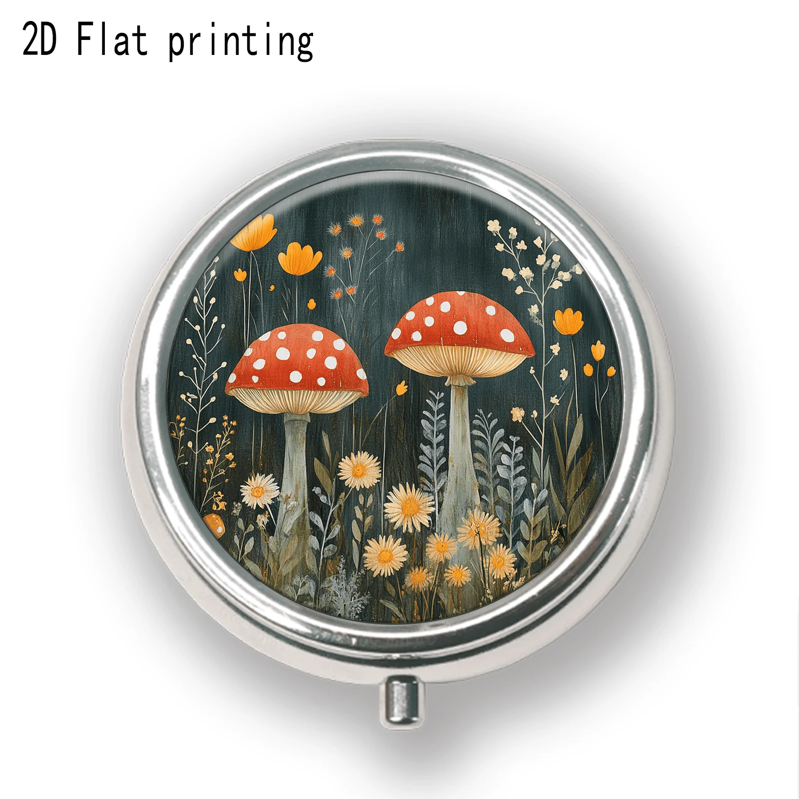 1pc Flat vintage oil painting style red mushroom and wildflower pattern, round three-compartment small pill box, portable medicine storage, small jewelry storage, suitable for handbags or travel, great holiday gift, souvenir, prize, small present, suitable for personal use or as an exquisite gift option