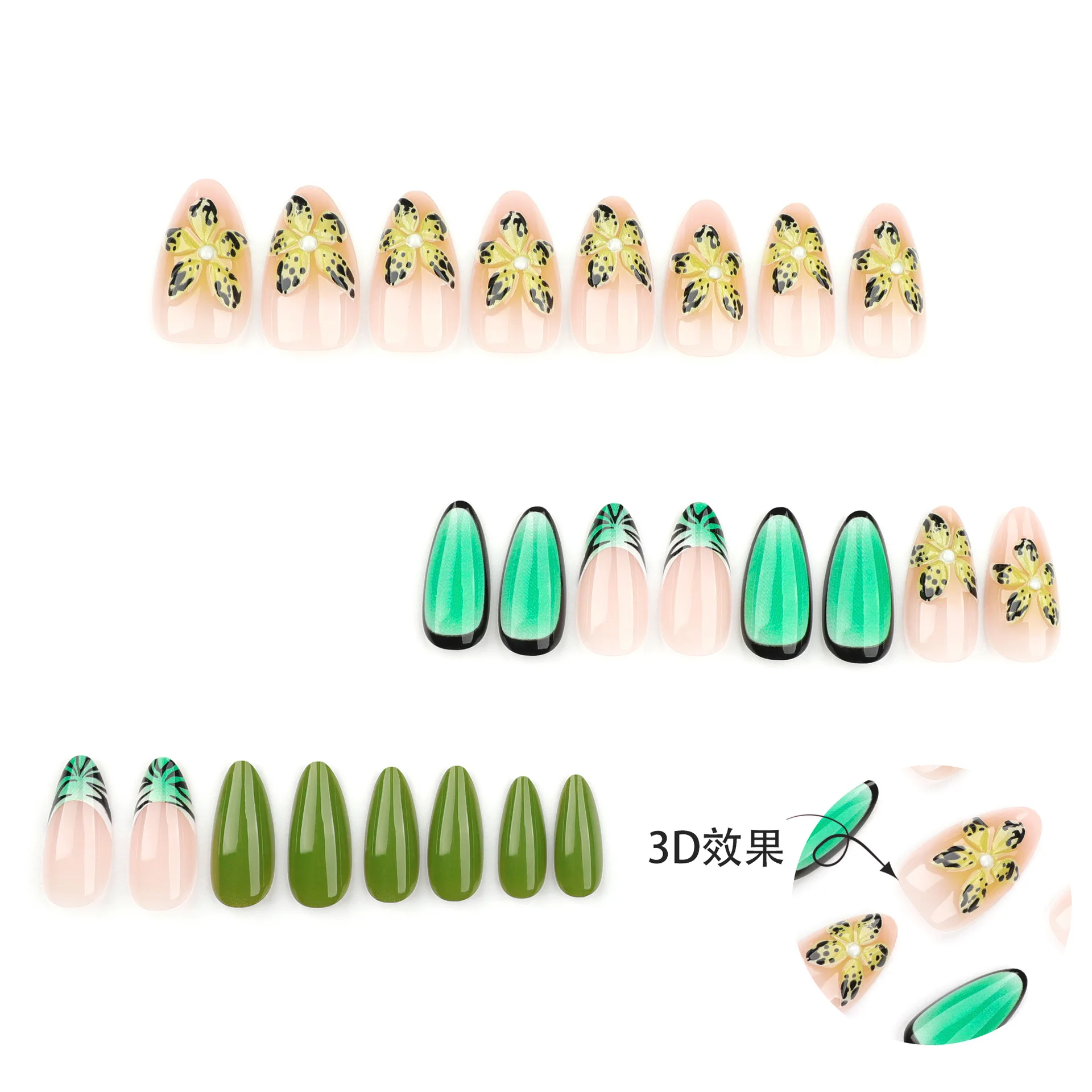 24pcs Green French Fake Nail Patches 3D Tropical Flower Decor Press On Nails Detachable Almond False Nail Tips For Women Girls