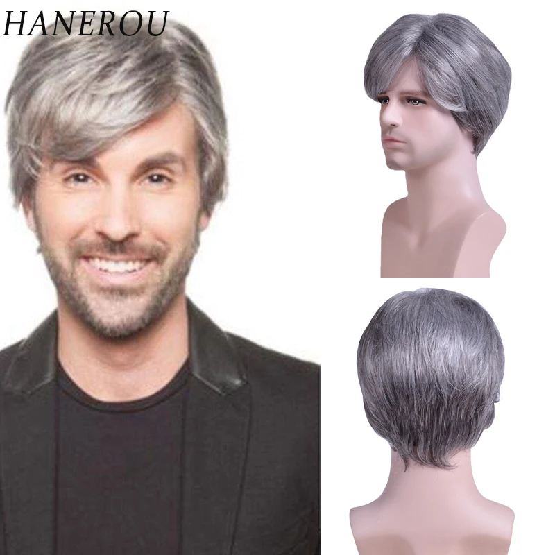 HANEROU Pixie Cut Straight Men\'s Wig Grey White Ombre Synthetic Short Natural Wig for Daily Party Heat Resistant Fiber