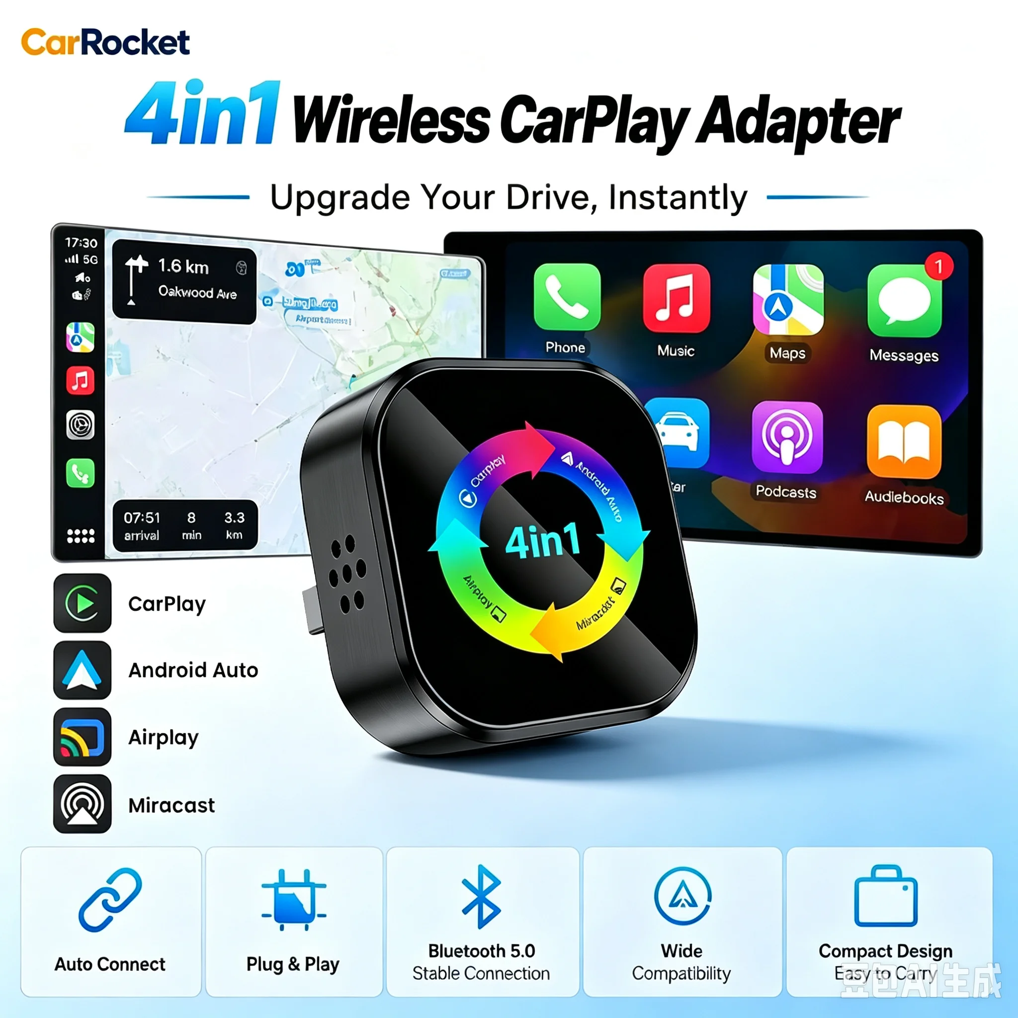CarRocket 2026 Upgrade 4 in 1 Wired to Wireless CarPlay & Android Auto AirPlay Miracast Screen Mirroring Plug & Play Auto Connec