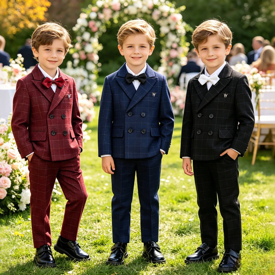 Boys Suit Set British Plaid School Kids Host Performance Costume Flower Children Wedding Outfit Toddler Birthday Formal Wear 8 Y