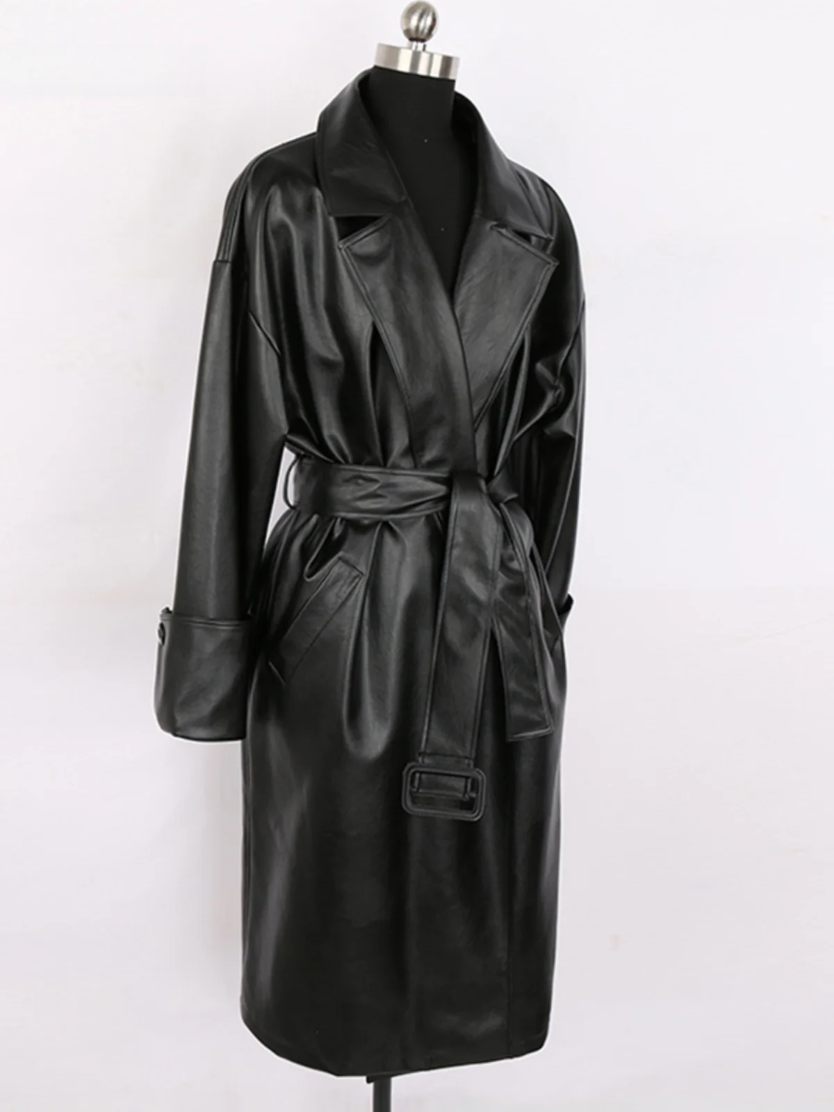 Nerazzurri Women's Black Leather Jacket Long Sleeve Oversize Loose PU Coat with Waist Belt Commute Style Fashion Outerwear