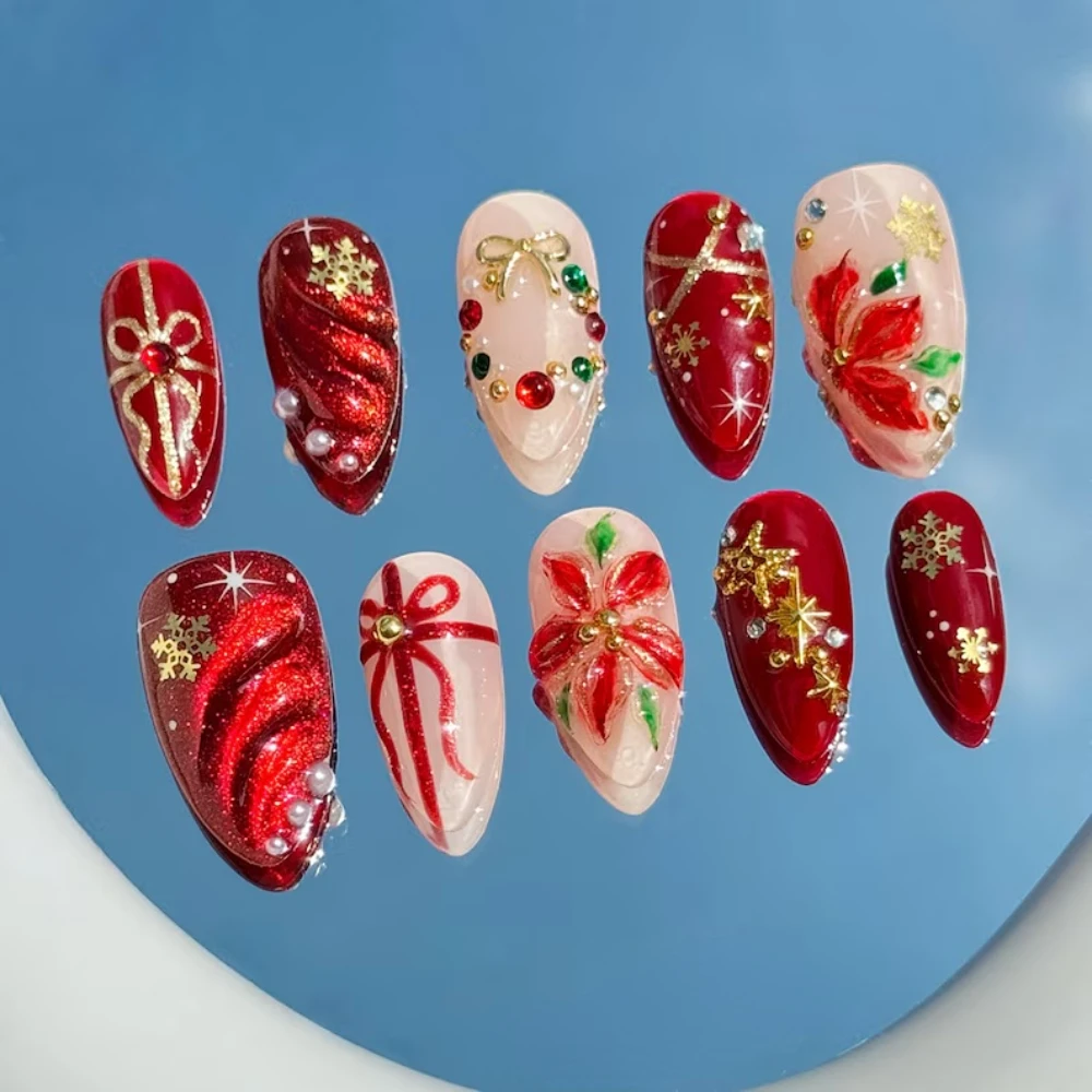 

10 Pcs Christmas Press On Nails Handmade Almond Fake Nails Painting 3D Floral Design False Nails Reusable Nails Set for Women