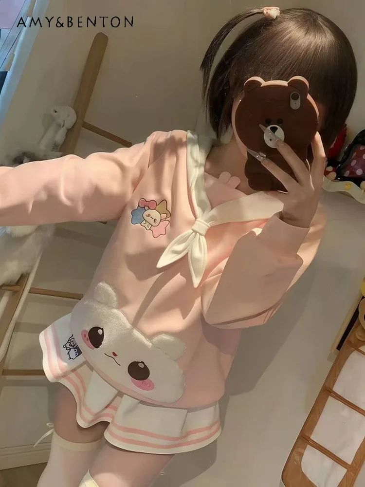 

Original Japanese Bunny Ear Embroidered Sweatshirt Autumn Winter Sweet Cartoon Print Patchwork Versatile Long Sleeve Hoodie