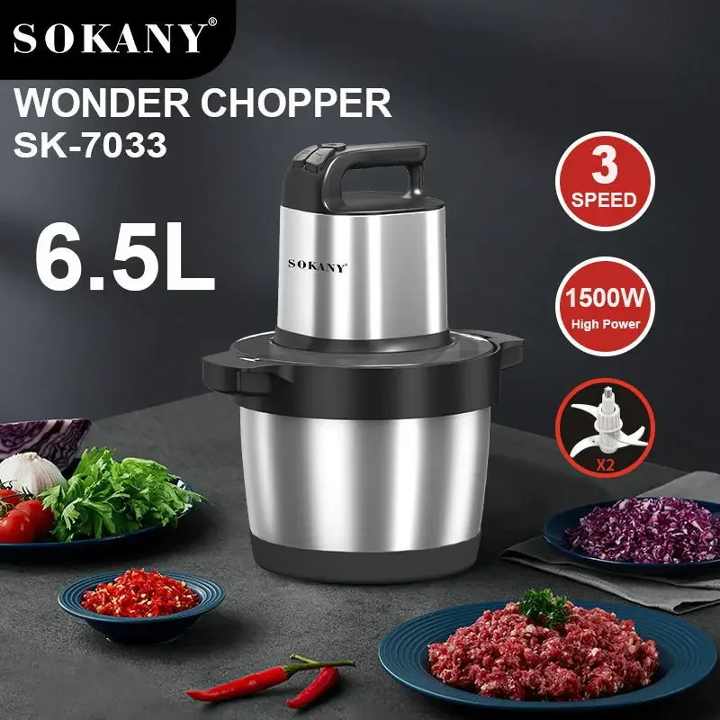 Food Processors Electric, Meat Grinder 6.5L Stainless Steel Meat Blender Food Chopper for Meat, Onion, Vegetables