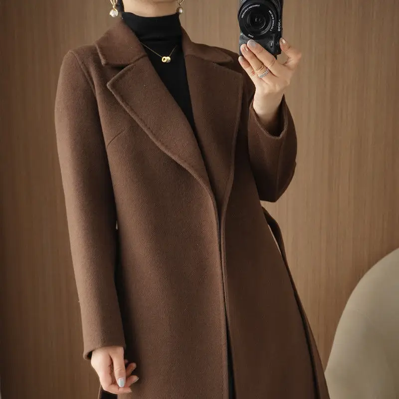 

Vintage Casual Long Coat Elegant Woolen Trench Fashion Belt Solid Color Lapel Streetwear Loose Outerwear V39