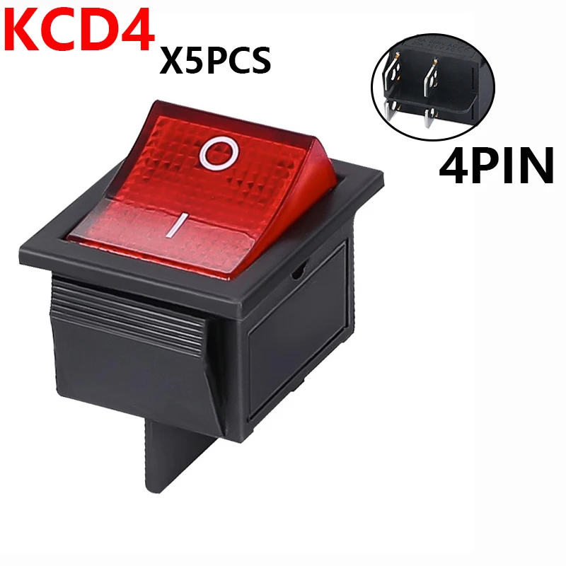 5pcs 2 Position Red Light Rocker Switch 16A/250V KCD4-20 4 Pin ON/OFF Toggle Switches 35 x 25.5 x 10mm