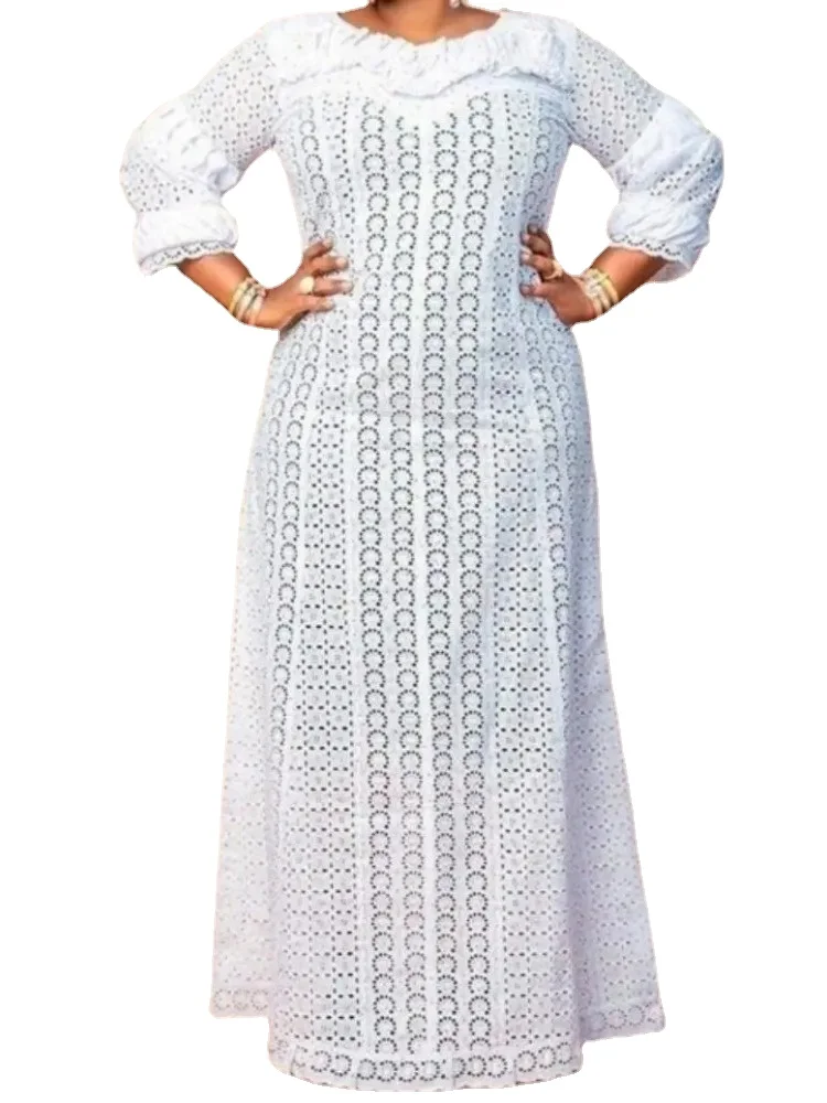 

Elegant African Elegant Dresses for Women White Hollow Out 2025 Muslim Fashion Abayas Dashiki Robe Kaftan Long Maxi Dress M-5XL