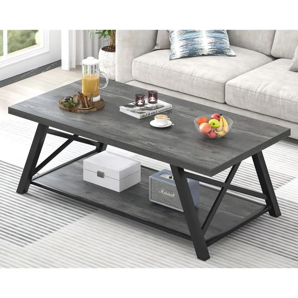 

Промышленный центральный стол из дерева и металла, прямоугольный коктейльный чайный столик для гостиной с полкой для хранения, серый рустикальный, 47-дюймовый