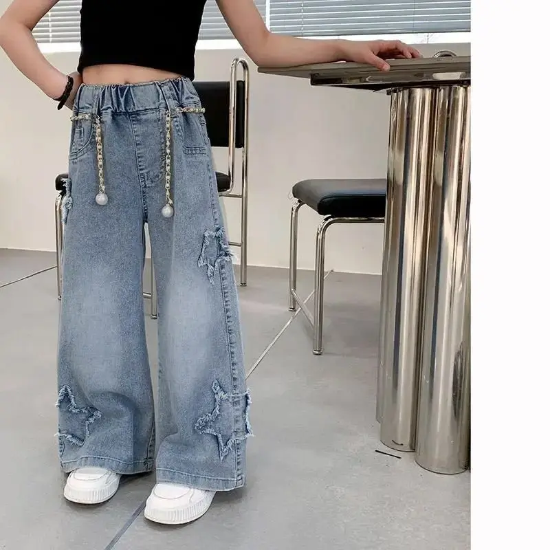 RAISE 2026 Spring Kids Girls Jeans Star Fringed Edge Young Teenagers Girls Denim Pants Trendy Chain Children Girls Wide Leg Pant