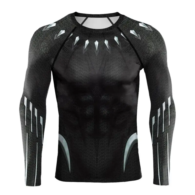 Halloween Superhero Cosplay T-Shirt for Men Panther Printed Long Sleeve Compression Shirt Breathable Male Outdoor Sportwear