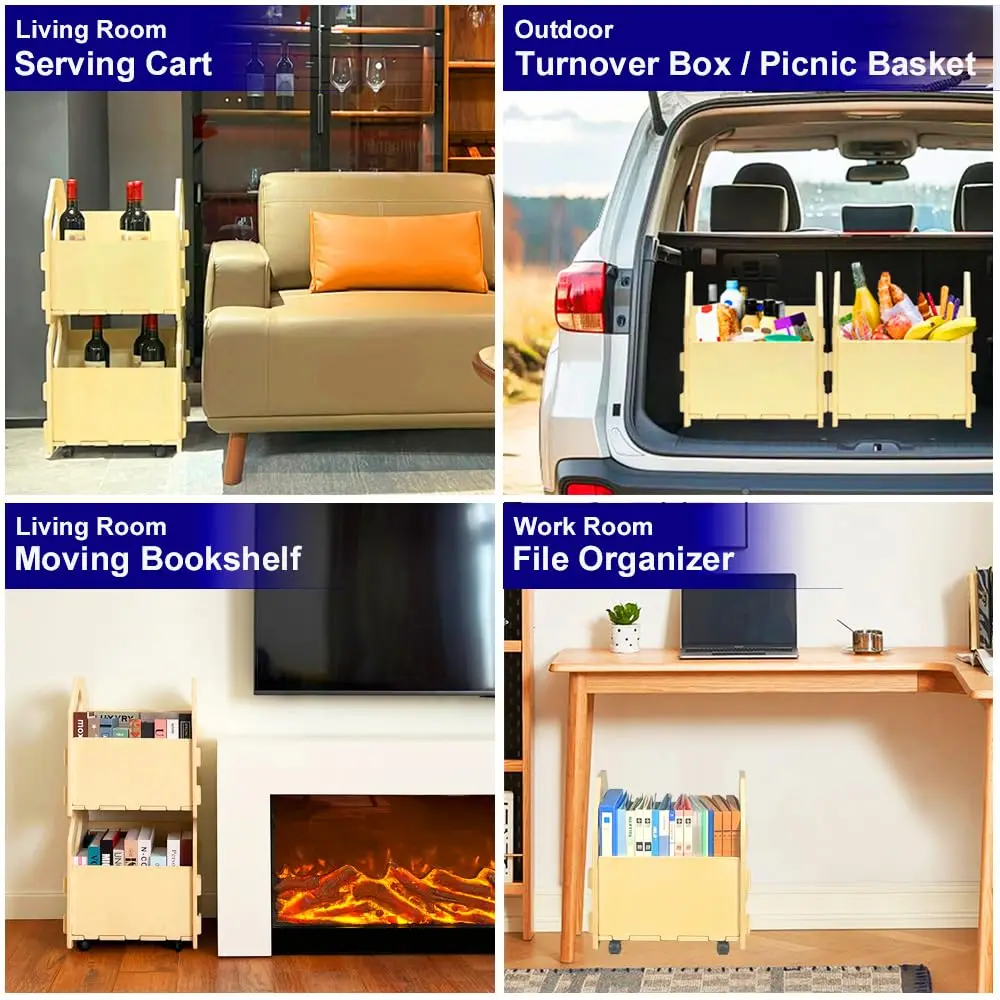 2 Pa Stackable Wooden Box, Mobile Bookcase, Rolling File Cart For Home Office, Portable Wood Crates For Travel And Moving,