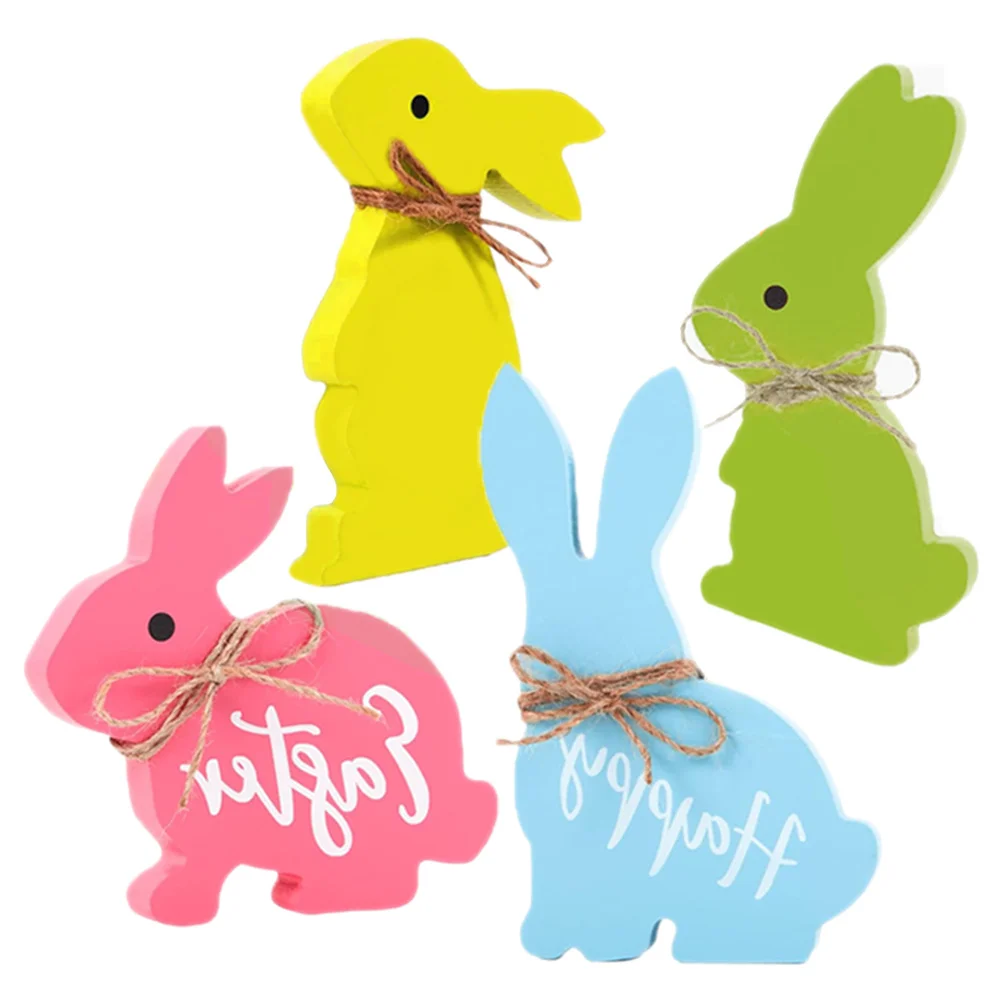 

4Pcs Wooden Easter Bunny Decors Creative Rabbit Adornments Home Desktop Festival Decorations Lovely Rustic Tray Decor