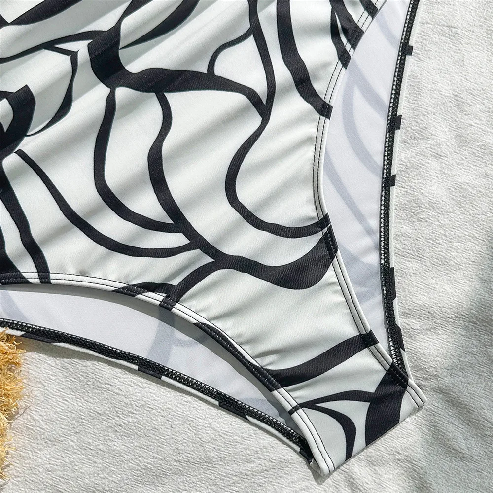 Sexy Black Front Big Bow Knotted Swimwear High Waist Bikinis Sets Wave Print Swimsuit Woman 2026 Ruched Bather Bikini Mujer