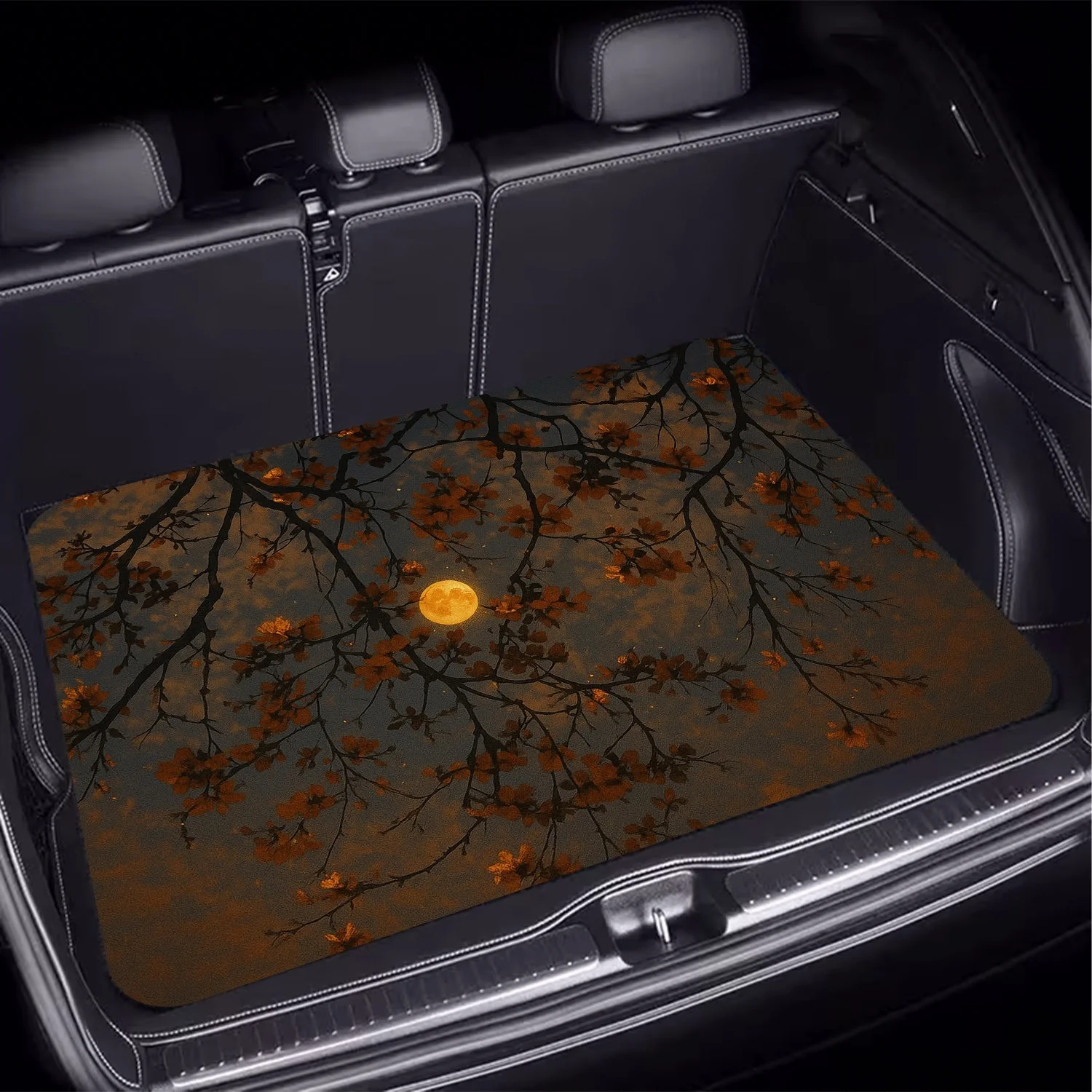 1pc, Moonlit Night Floral Shadow Style Car Trunk Mat, Featuring A Circular Moonlight And Leaf Print Pattern. An Essential Travel