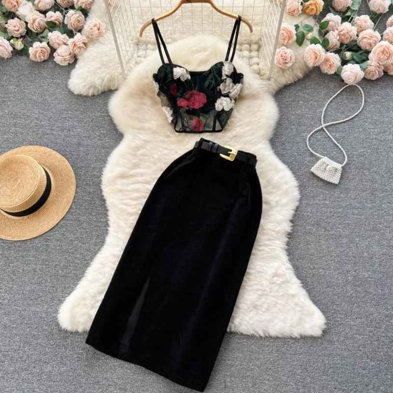 

Summer Sexy Elegant Women Solid Chic Midi Skirts Suit Vintage Spaghetti Strap Crop Tanks Top Saya Clothes Female Two Pieces Set