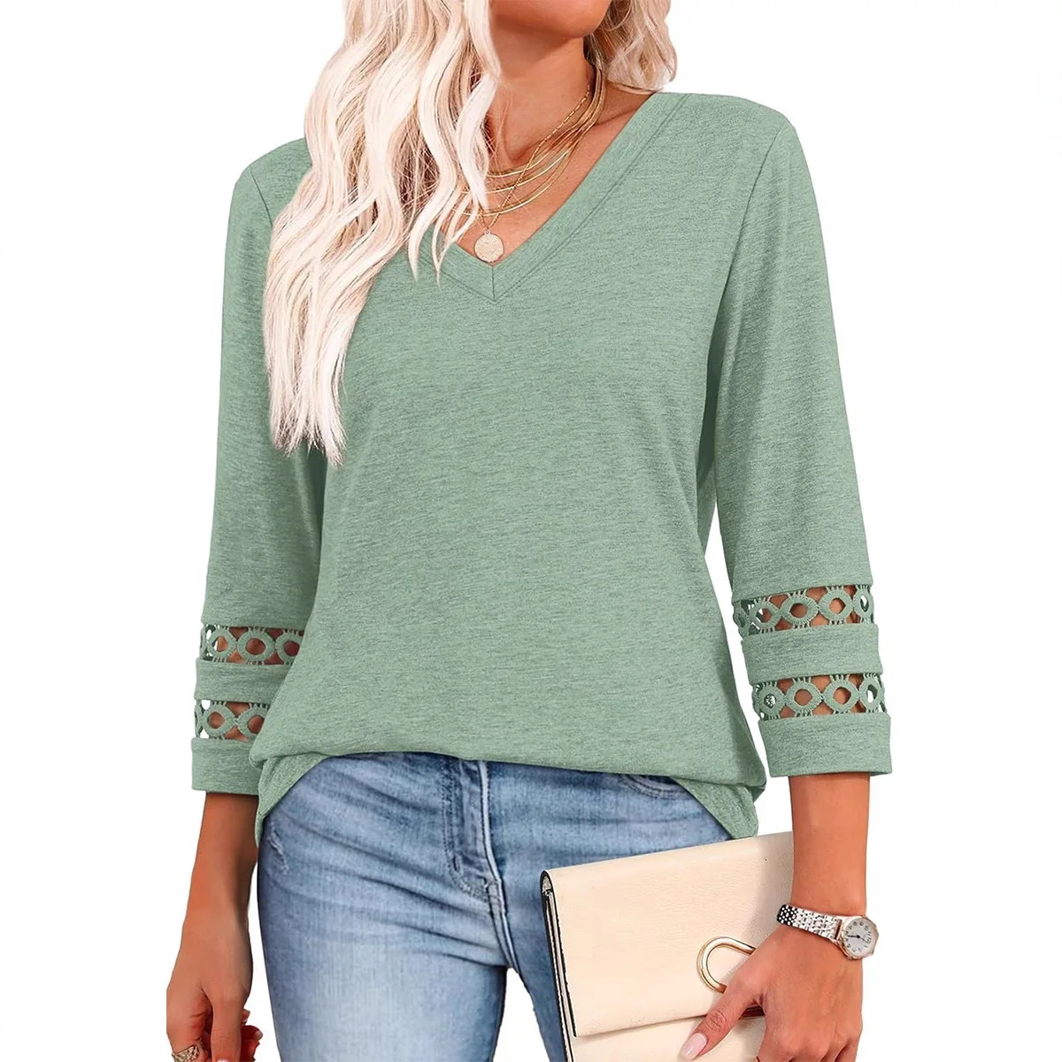 2025 Roupas Femininas V-neck Solid Color Hollow Stitching Pullover T-shirt Women's Outdoor Commuting Date All-match Knitted Top