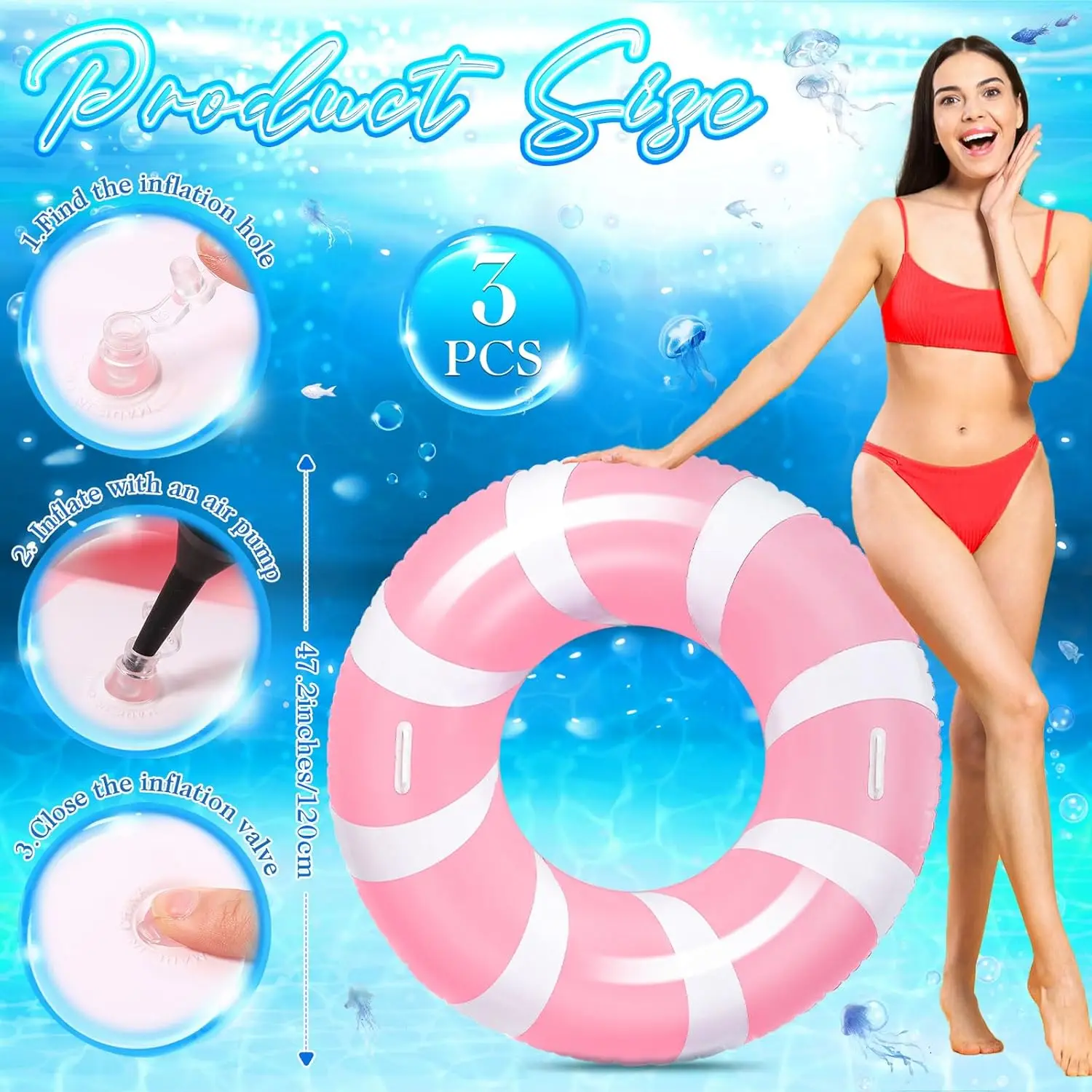 Anello da nuoto rosa jumbo da 3 pezzi con manici Anello da piscina gonfiabile da 47,24 pollici Anello da piscina gonfiabile a strisce classiche per