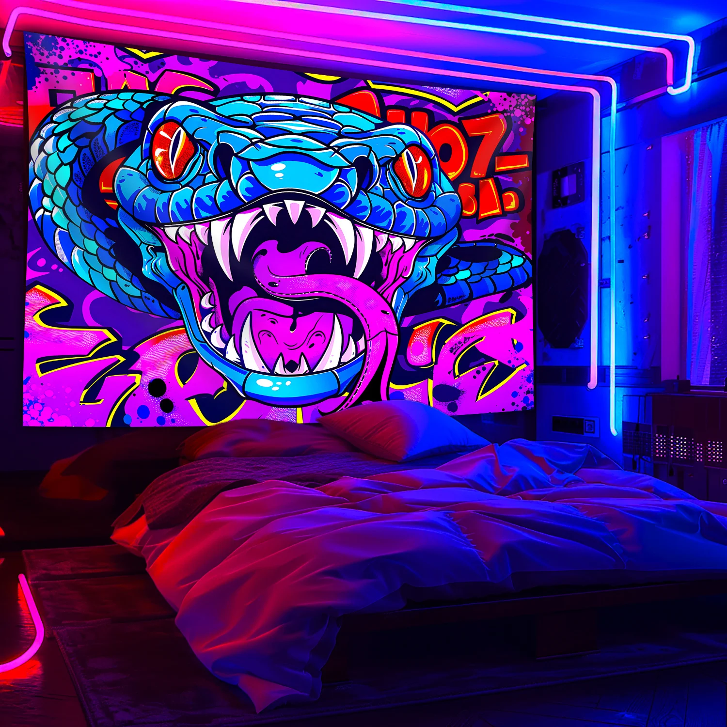 VIKAMA Street-Cool Graffiti-Wandteppich, blaue Schlange, wasserdicht, für Gamingzimmer, Musikstudio, trendige Spielzimmer-Dekoration