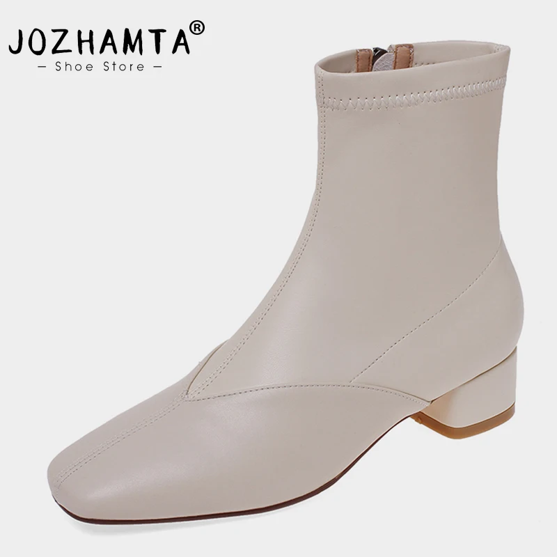 

JOZHAMTA Size 34-39 Women Stretch Boots Elastic Leather Thick Mid Heels Shoes Womans Winter Fall Ankle Boot Zipper Short Boots