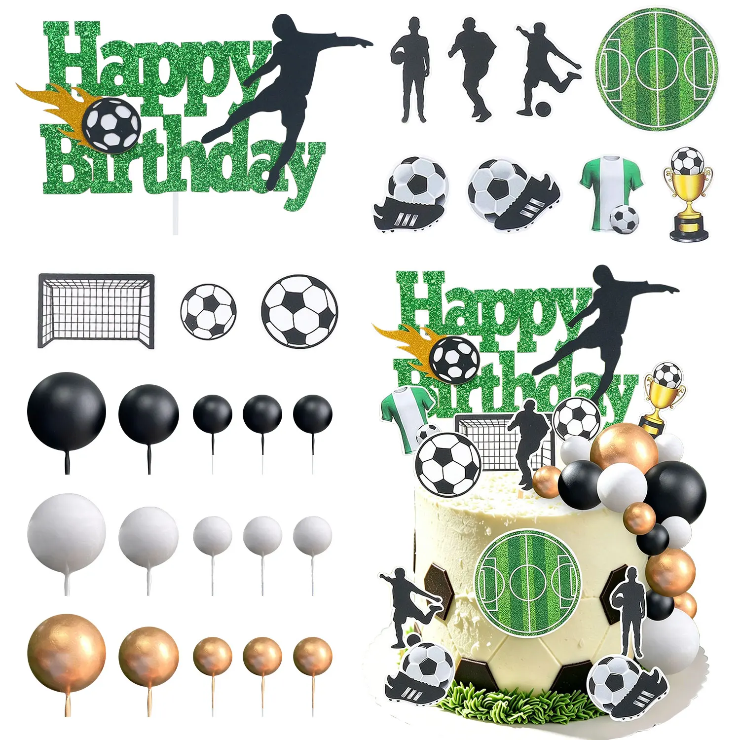 Fußball Tortendeko-Set: Happy Birthday Kuchendekoration mit Fußballspieler-Silhouetten, Fußball, Tor und Trophäe Cupcake-Topper