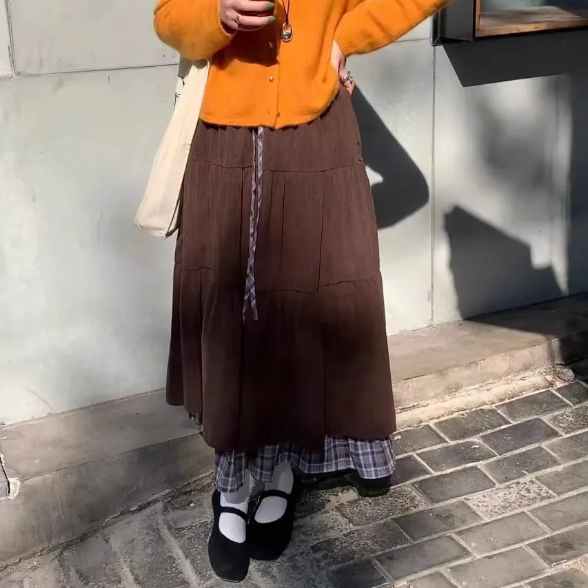 Checkered midi skirt for women brown artistic retro corduroy splicing autumn and winter ruffle edge drawstring large swing skirt