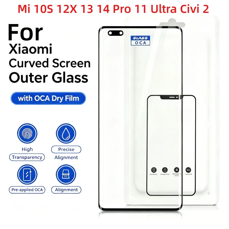 2PCS Curved Front Outer Glass with OCA For Xiaomi 10S 12X 13 14 Pro 11 Ultra Civi 2 3 5 mix4 Screen Repair Replacement Part