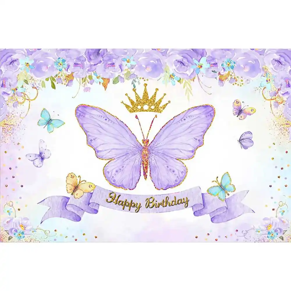 Cartoon Butterfly Backdrop Photography Girl First Birthday Party Flower Gold Dots Baby Shower Photo Background For Photo Studio