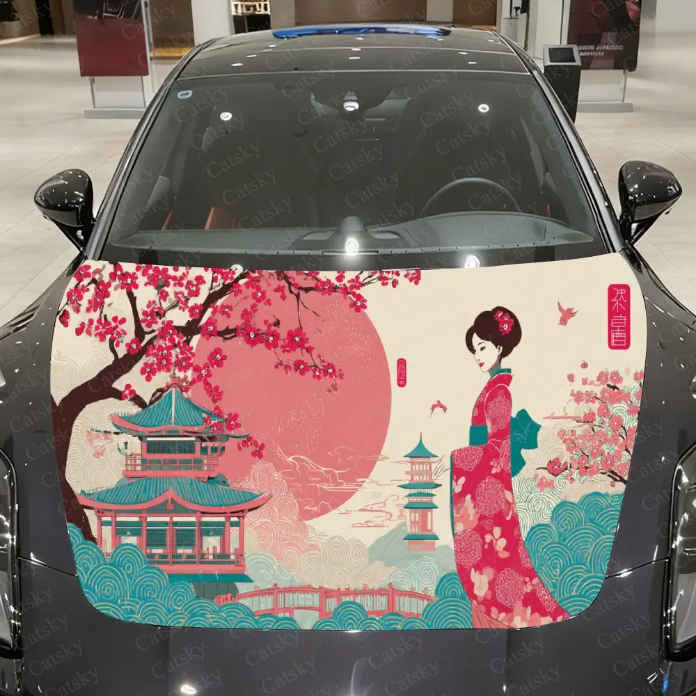 

Cherry Blossom Geisha ПВХ обертывания на капот автомобиля, самоклеящаяся водонепроницаемая наклейка на капот автомобиля, защитные наклейки для украшения автомобиля