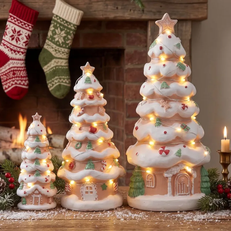 New Christmas Gingerbread Tree Decoration with Warm Light Christmas Tree Ornament for Desktop or Window Display 3PCS