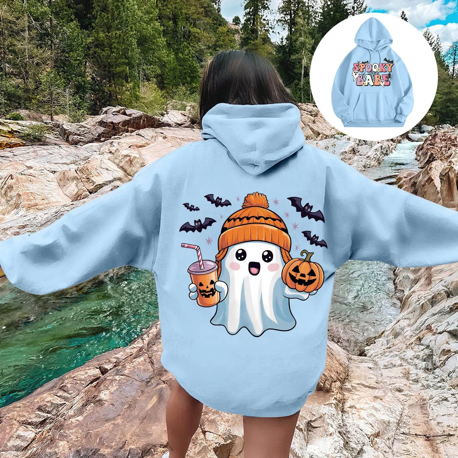 

Cute Ghost Print Ladies Halloween Hoodie Double Sided Multi-Element Print Fashion Trend Jumper Loose Comfortable Warm Hoodie