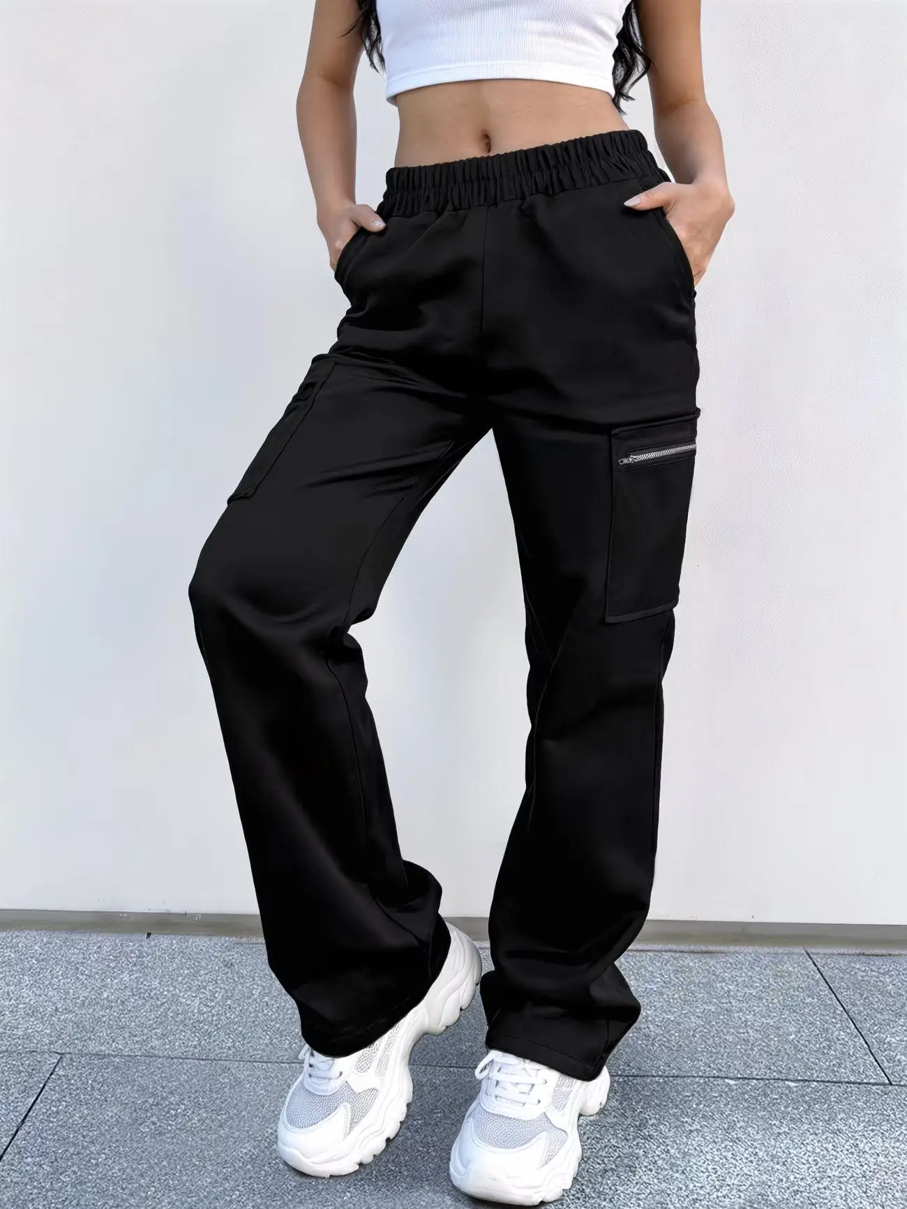 Women Solid Casual Loose Straight Cargo Pants, Side Metal Zipper Pocket Utility Long Trousers